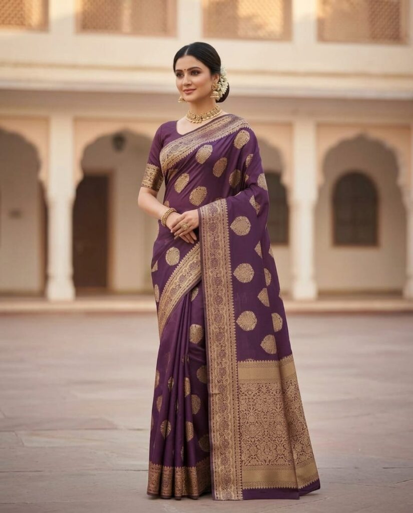 Draped in the richness of deep royal purple and intricate golden Banarasi weave. A timeless masterpiece designed to celebrate heritage, grace, and unmatched elegance.